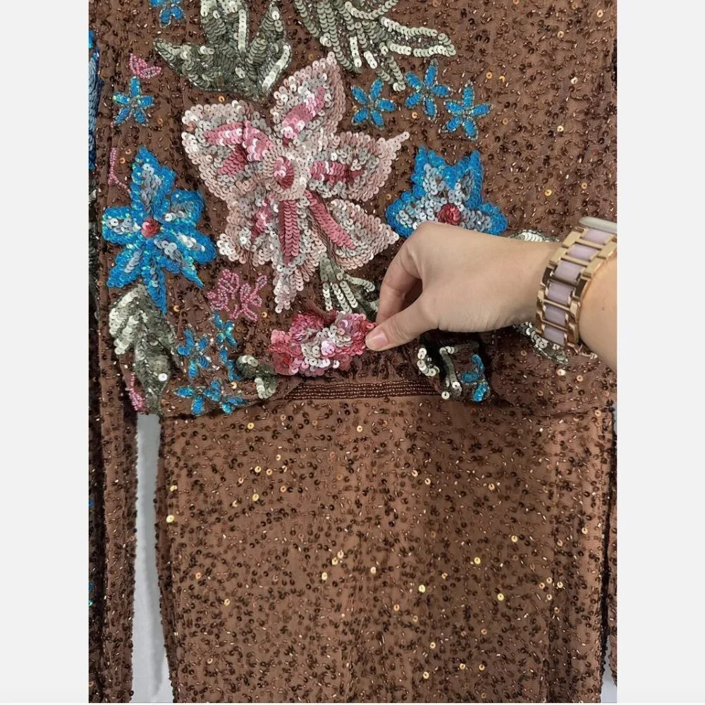 NWT $598‎ Mac Duggal [ SZ 4 ] Embellished Multicolor Floral High Neck Gown #Q768